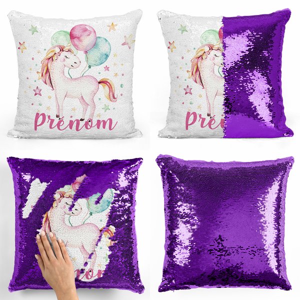 coussin pillow mermaid à sequin magique enfant reversible et personnalisable avec motif licorne ballons de couleur violet