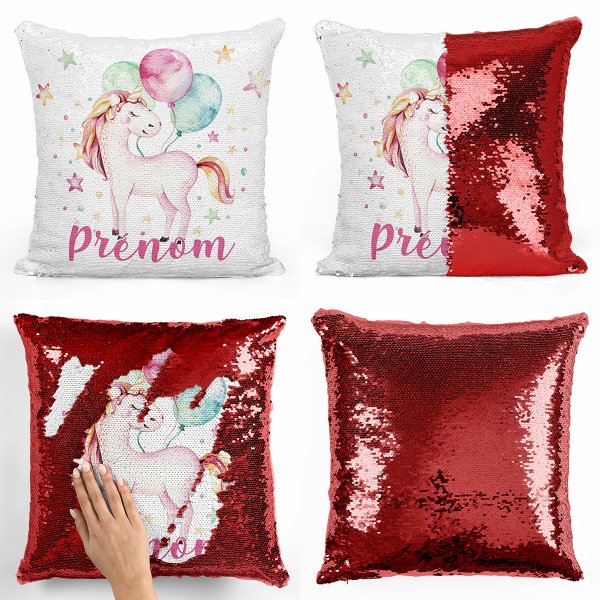 coussin pillow mermaid à sequin magique enfant reversible et personnalisable avec motif licorne ballons de couleur rouge