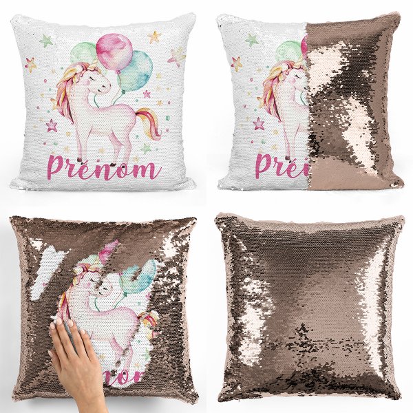 coussin pillow mermaid à sequin magique enfant reversible et personnalisable avec motif licorne ballons de couleur champagne