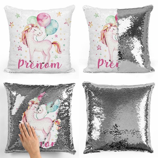 coussin pillow mermaid à sequin magique enfant reversible et personnalisable avec motif licorne ballons de couleur argent