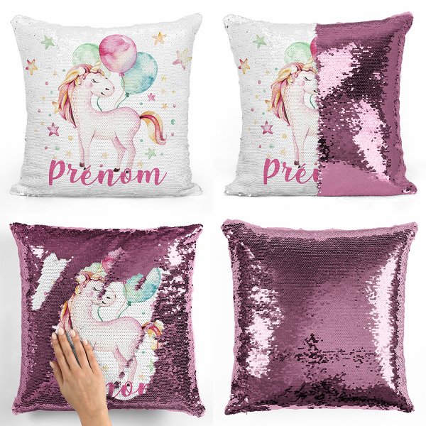 coussin pillow mermaid à sequin magique enfant reversible et personnalisable avec motif licorne ballons de couleur rose clair