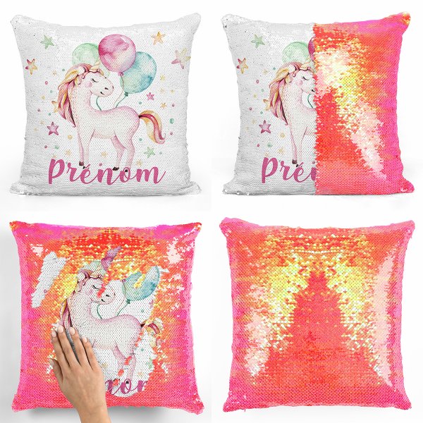 coussin pillow mermaid à sequin magique enfant reversible et personnalisable avec motif licorne ballons de couleur orange nacré