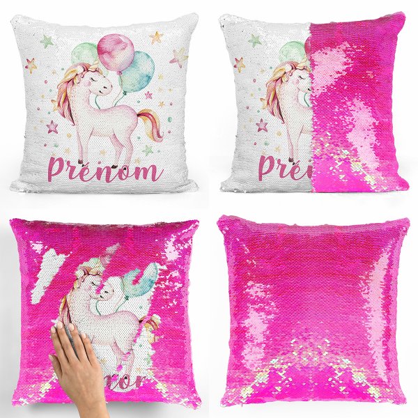 coussin pillow mermaid à sequin magique enfant reversible et personnalisable avec motif licorne ballons de couleur rose nacré