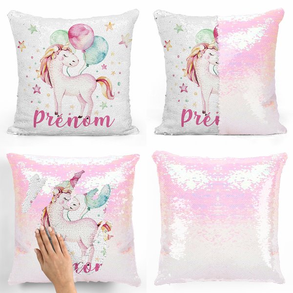 coussin pillow mermaid à sequin magique enfant reversible et personnalisable avec motif licorne ballons de couleur blanc nacré