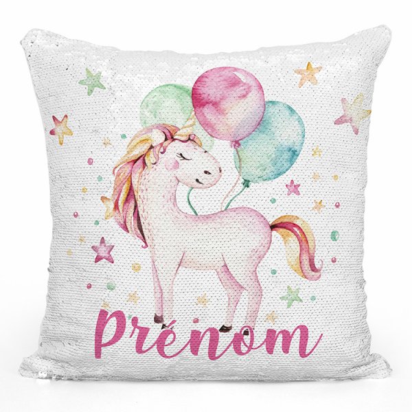 coussin pillow mermaid à sequin magique enfant reversible et personnalisable avec motif licorne ballons