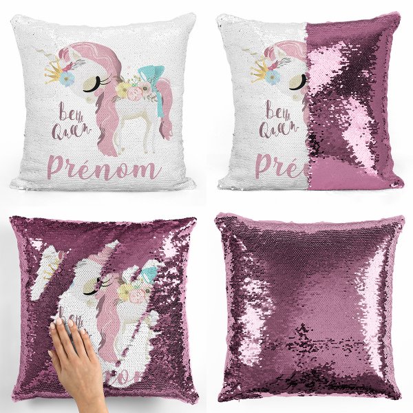coussin pillow mermaid à sequin magique enfant reversible et personnalisable avec motif licorne be the queen de couleur rose clair