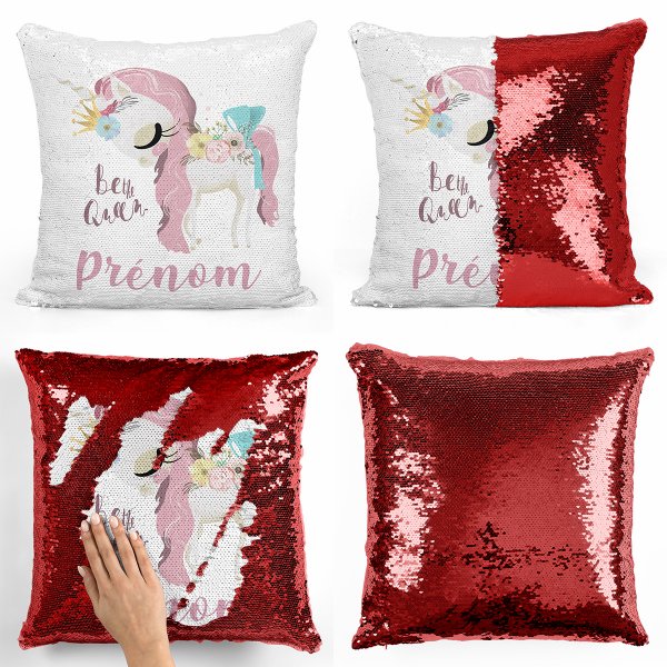 coussin pillow mermaid à sequin magique enfant reversible et personnalisable avec motif licorne be the queen de couleur rouge
