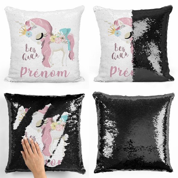 coussin pillow mermaid à sequin magique enfant reversible et personnalisable avec motif licorne be the queen de couleur noir