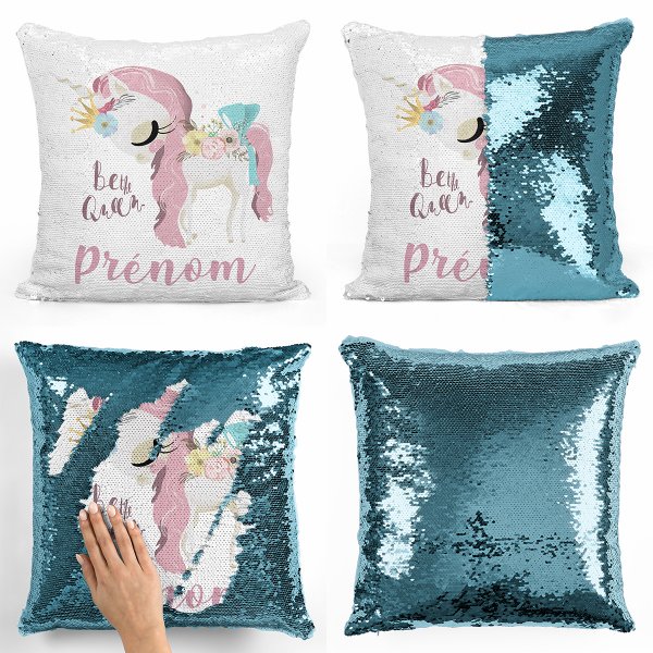 coussin pillow mermaid à sequin magique enfant reversible et personnalisable avec motif licorne be the queen de couleur bleu clair