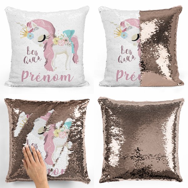 coussin pillow mermaid à sequin magique enfant reversible et personnalisable avec motif licorne be the queen de couleur champagne