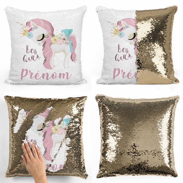 coussin pillow mermaid à sequin magique enfant reversible et personnalisable avec motif licorne be the queen de couleur or doré