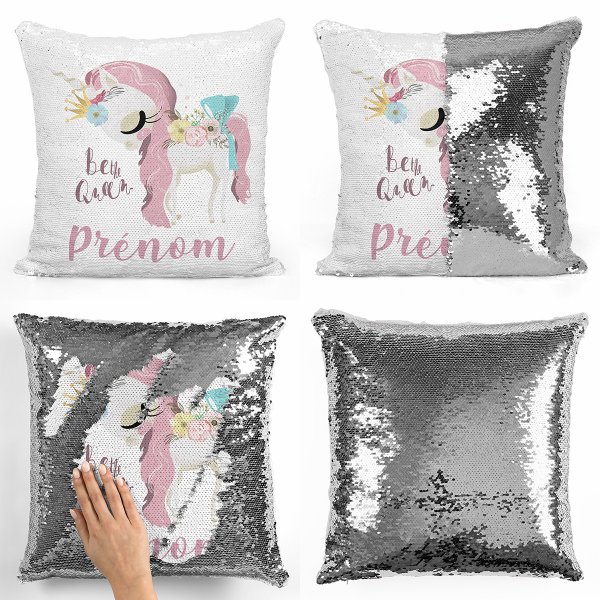 coussin pillow mermaid à sequin magique enfant reversible et personnalisable avec motif licorne be the queen de couleur argentpillow mermaid à sequin magique reversible et personnalisable avec motif licorne be te queen de couleur argent