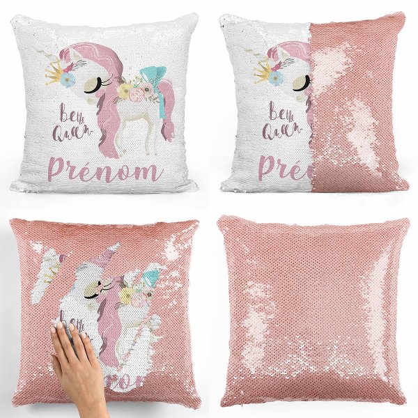 coussin pillow mermaid à sequin magique enfant reversible et personnalisable avec motif licorne be the queen de couleur saumon