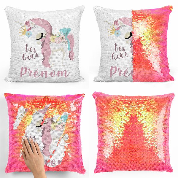 coussin pillow mermaid à sequin magique enfant reversible et personnalisable avec motif licorne be the queen de couleur orange nacré