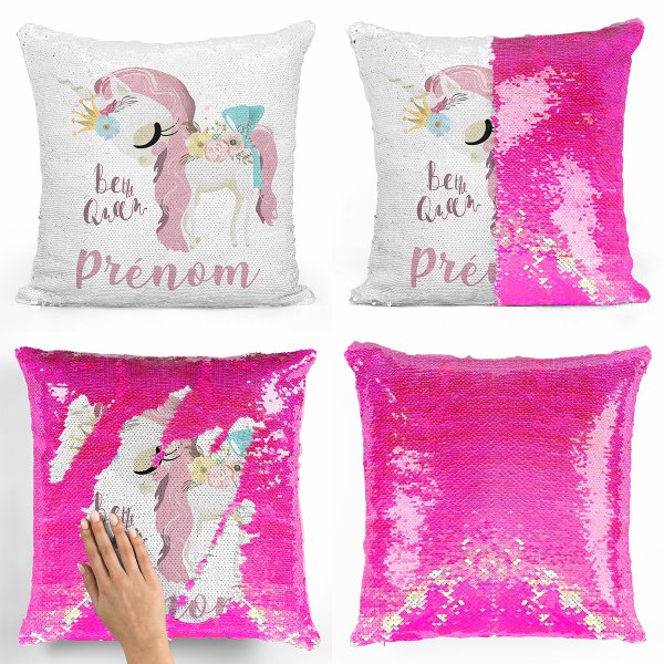 coussin pillow mermaid à sequin magique enfant reversible et personnalisable avec motif licorne be the queen de couleur rose nacré