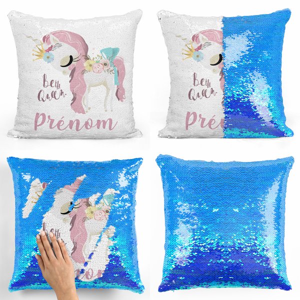 coussin pillow mermaid à sequin magique enfant reversible et personnalisable avec motif licorne be the queen de couleur bleu nacré