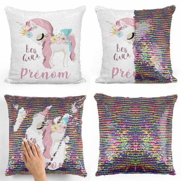 coussin pillow mermaid à sequin magique enfant reversible et personnalisable avec motif licorne be the queen de couleur multicolore