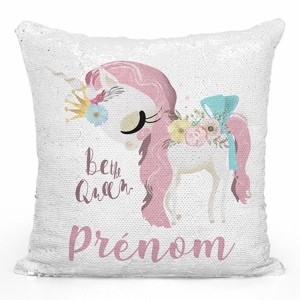 coussin pillow mermaid à sequin magique enfant reversible et personnalisable avec motif licorne be the queen