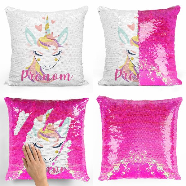 coussin pillow mermaid à sequin magique enfant reversible et personnalisable avec motif licorne coeurs de couleur rose nacré