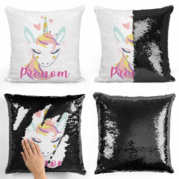 coussin pillow mermaid à sequin magique enfant reversible et personnalisable avec motif licorne coeurs de couleur noir