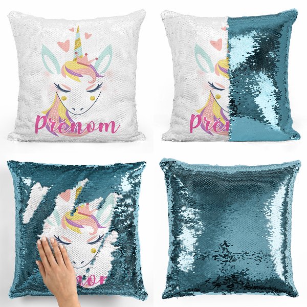 coussin pillow mermaid à sequin magique enfant reversible et personnalisable avec motif licorne coeurs de couleur bleu clair