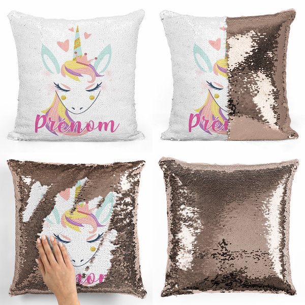 coussin pillow mermaid à sequin magique enfant reversible et personnalisable avec motif licorne coeurs de couleur champagne