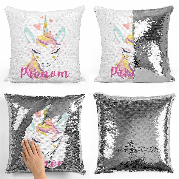 coussin pillow mermaid à sequin magique enfant reversible et personnalisable avec motif licorne coeurs de couleur argent