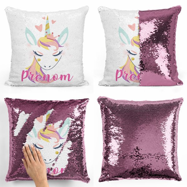 coussin pillow mermaid à sequin magique enfant reversible et personnalisable avec motif licorne coeurs de couleur rose clair