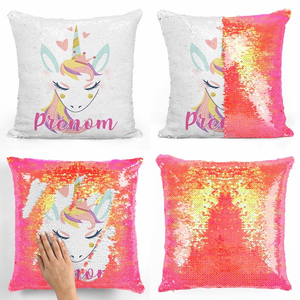 coussin pillow mermaid à sequin magique enfant reversible et personnalisable avec motif licorne coeurs de couleur orange nacré