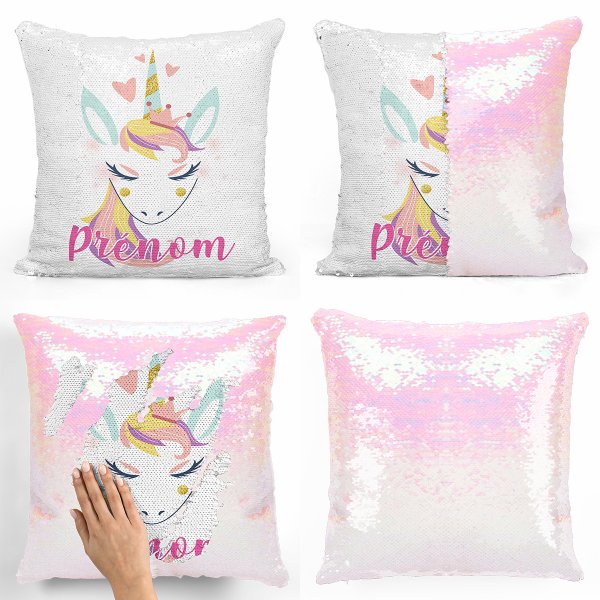 coussin pillow mermaid à sequin magique enfant reversible et personnalisable avec motif licorne coeurs de couleur blanc nacré