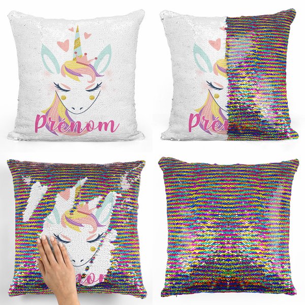 coussin pillow mermaid à sequin magique enfant reversible et personnalisable avec motif licorne coeurs de couleur multicolore