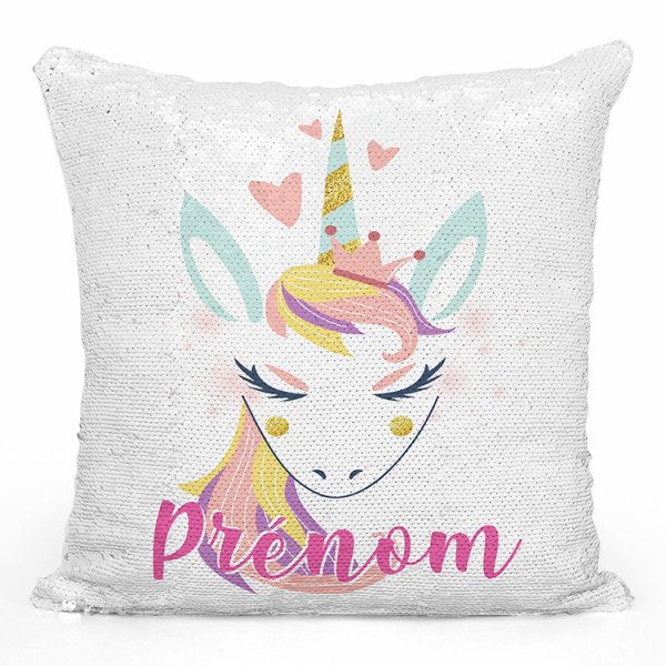 coussin pillow mermaid à sequin magique enfant reversible et personnalisable avec motif licorne coeurs