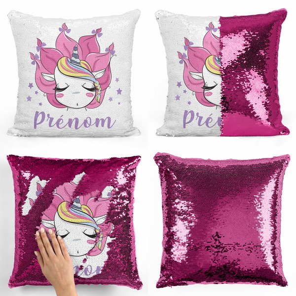 coussin pillow mermaid à sequin magique enfant reversible et personnalisable avec motif licorne de couleur fushia