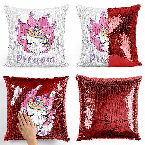 coussin pillow mermaid à sequin magique enfant reversible et personnalisable avec motif licorne de couleur rouge
