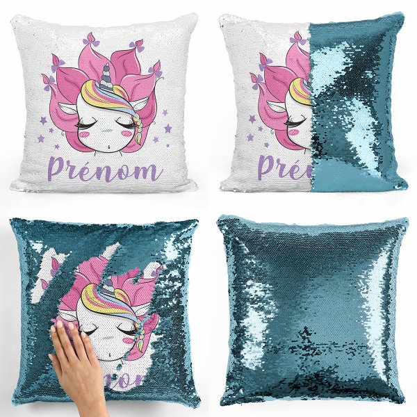 coussin pillow mermaid à sequin magique enfant reversible et personnalisable avec motif licorne de couleur bleu clair