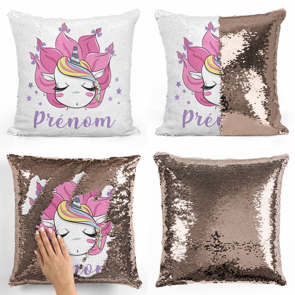 coussin pillow mermaid à sequin magique enfant reversible et personnalisable avec motif licorne de couleur champagne