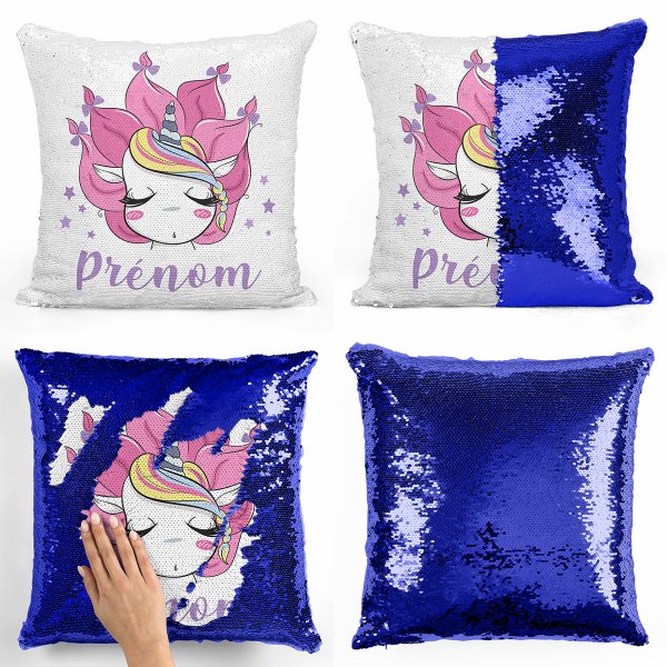 coussin pillow mermaid à sequin magique enfant reversible et personnalisable avec motif licorne de couleur bleu foncé