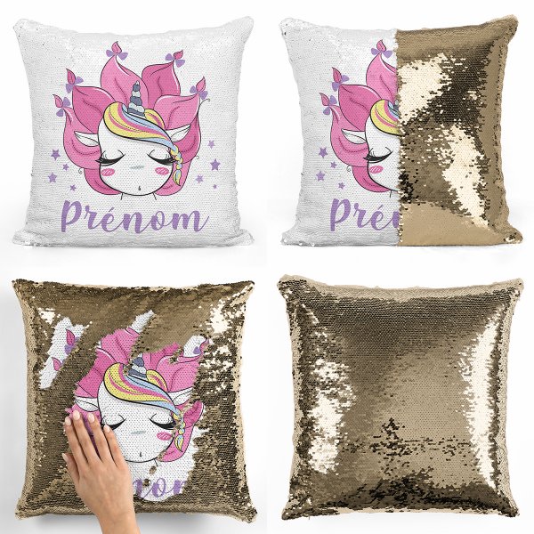 coussin pillow mermaid à sequin magique enfant reversible et personnalisable avec motif licorne de couleur or doré