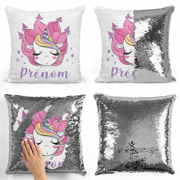 coussin pillow mermaid à sequin magique enfant reversible et personnalisable avec motif licorne de couleur argent