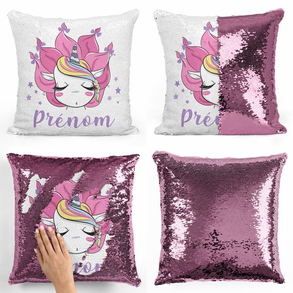 coussin pillow mermaid à sequin magique enfant reversible et personnalisable avec motif licorne de couleur rose clair