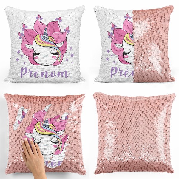 coussin pillow mermaid à sequin magique enfant reversible et personnalisable avec motif licorne de couleur saumon