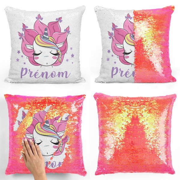 coussin pillow mermaid à sequin magique enfant reversible et personnalisable avec motif licorne de couleur orange nacré