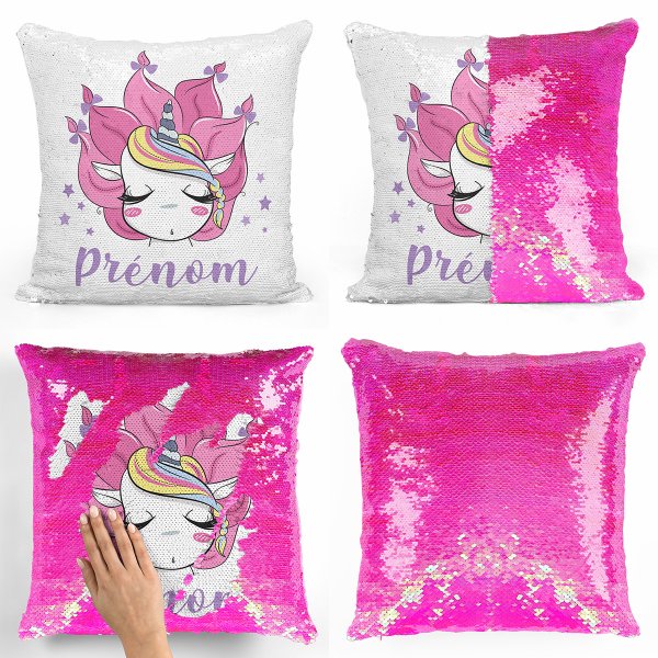 coussin pillow mermaid à sequin magique enfant reversible et personnalisable avec motif licorne de couleur rose nacré