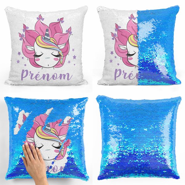 coussin pillow mermaid à sequin magique enfant reversible et personnalisable avec motif licorne de couleur bleu nacré