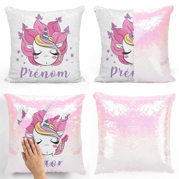 coussin pillow mermaid à sequin magique enfant reversible et personnalisable avec motif licorne de couleur blanc nacré