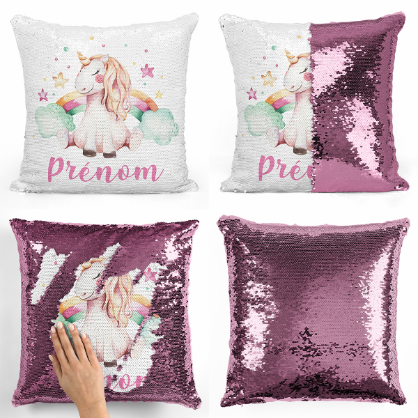 Coussin sequin magique personnalisé - Licorne étoiles arc-en-ciel