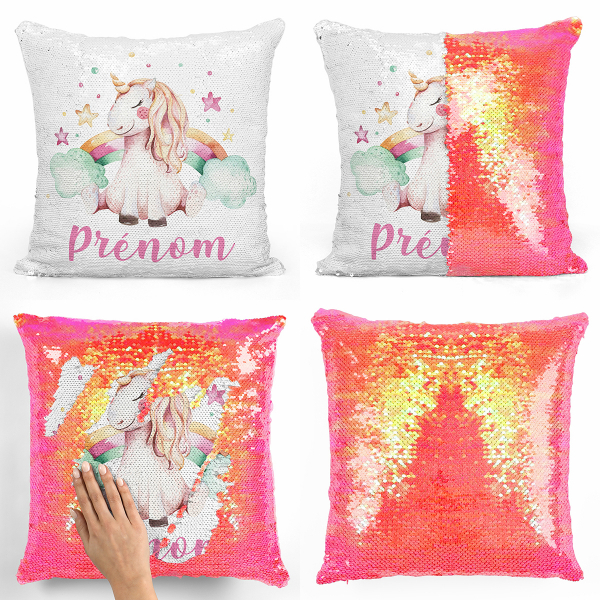 Coussin sequin magique personnalisé - Licorne étoiles arc-en-ciel