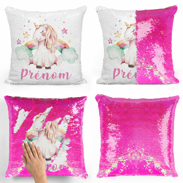 Coussin sequin magique personnalisé - Licorne étoiles arc-en-ciel