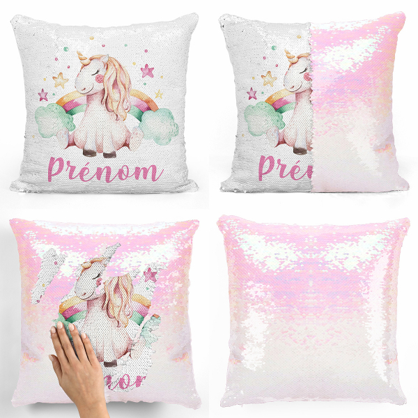 Coussin sequin magique personnalisé - Licorne étoiles arc-en-ciel