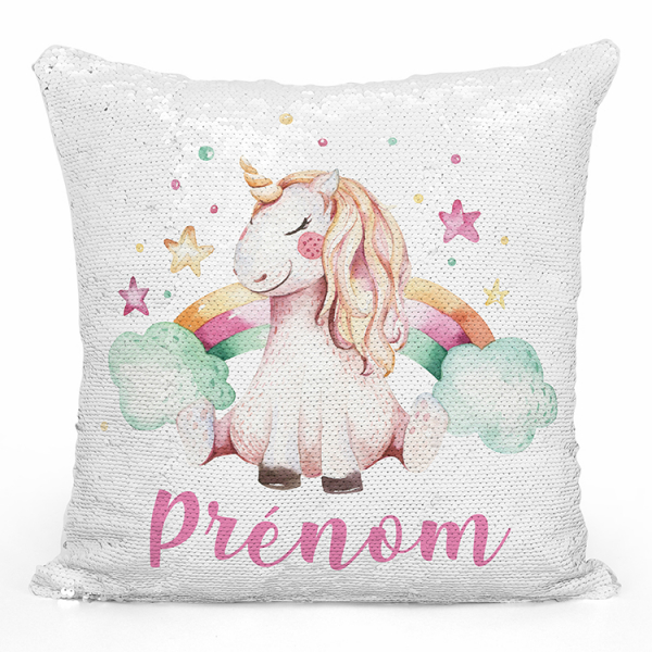 Coussin sequin magique personnalisé - Licorne étoiles arc-en-ciel